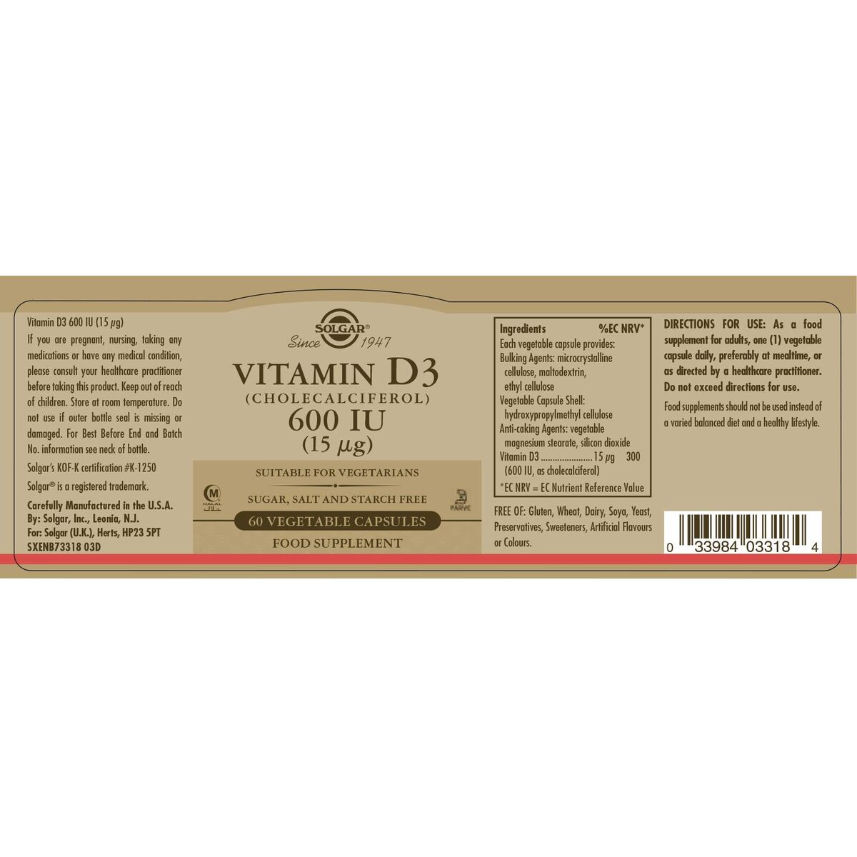 Solgar Vitamin D3 (Cholecalciferol) 600 iu 60 Capsules