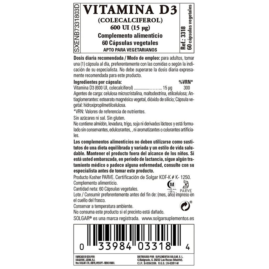 Solgar Vitamin D3 (Cholecalciferol) 600 iu 60 Capsules