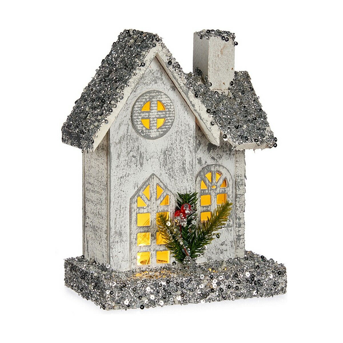 Decorative Figure Krist+ Weiß Grau Glitter House Christmas 19,5 x 25 x 9 cm LED Light – Produktbild 1