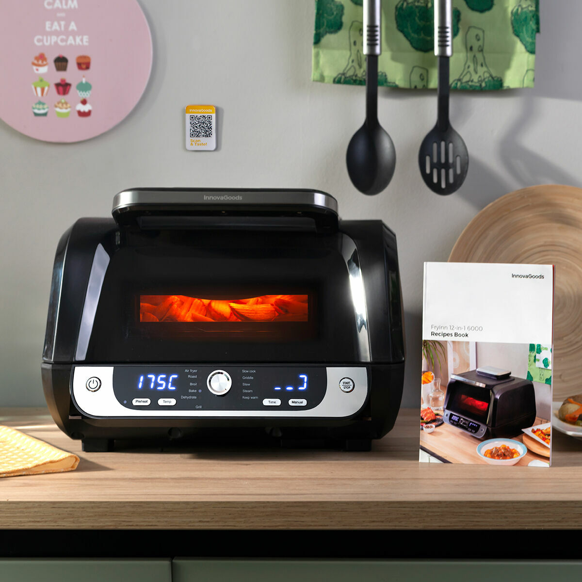 InnovaGoods Heißluftfritteuse mit Grill, Zubehör & Recipe Book Fryinn 12-in-1 6000 Schwarz